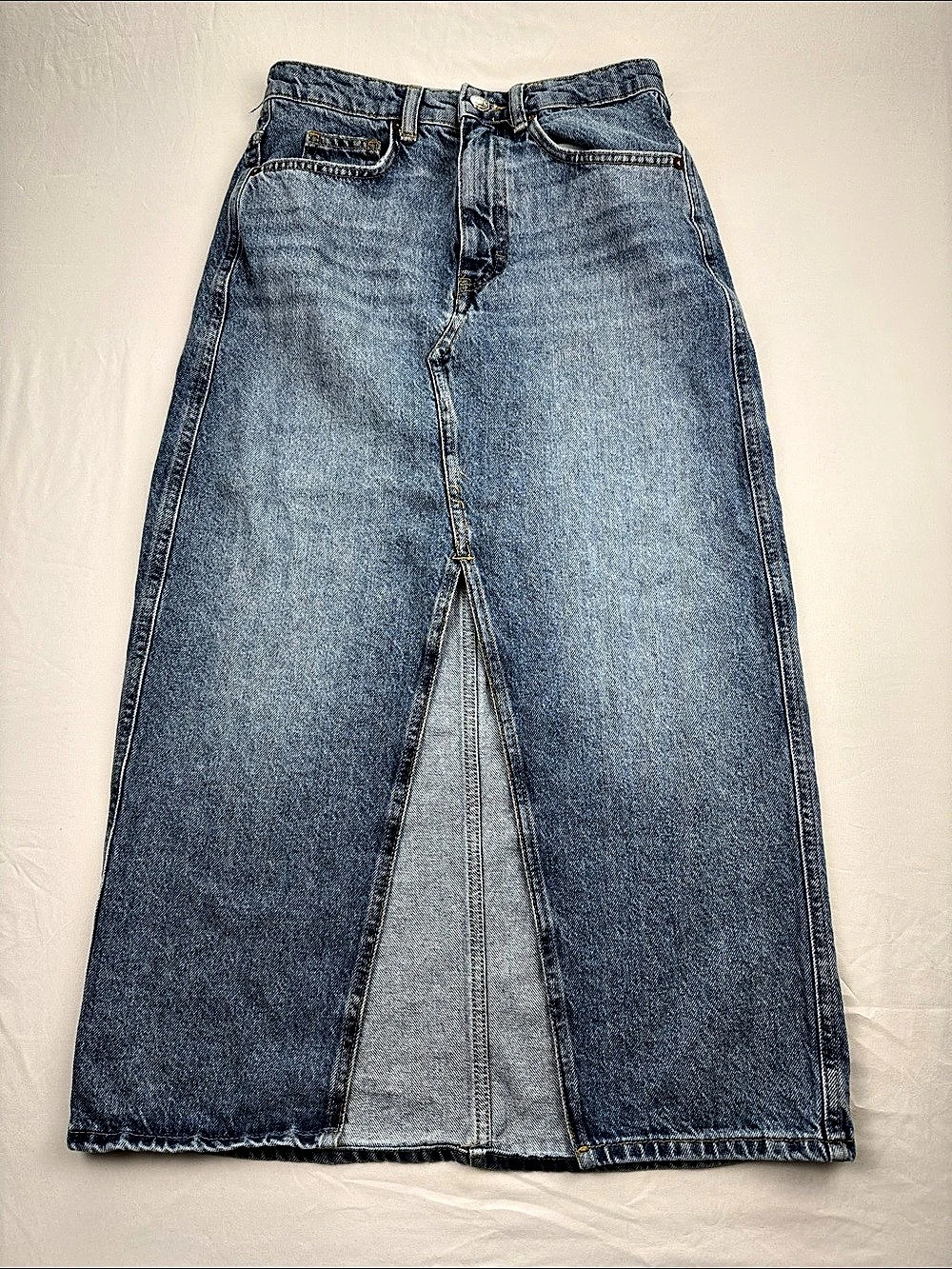 Mango MNG Blue Medium Wash Denim Midi Skirt Front Slit 5 Pocket Size S